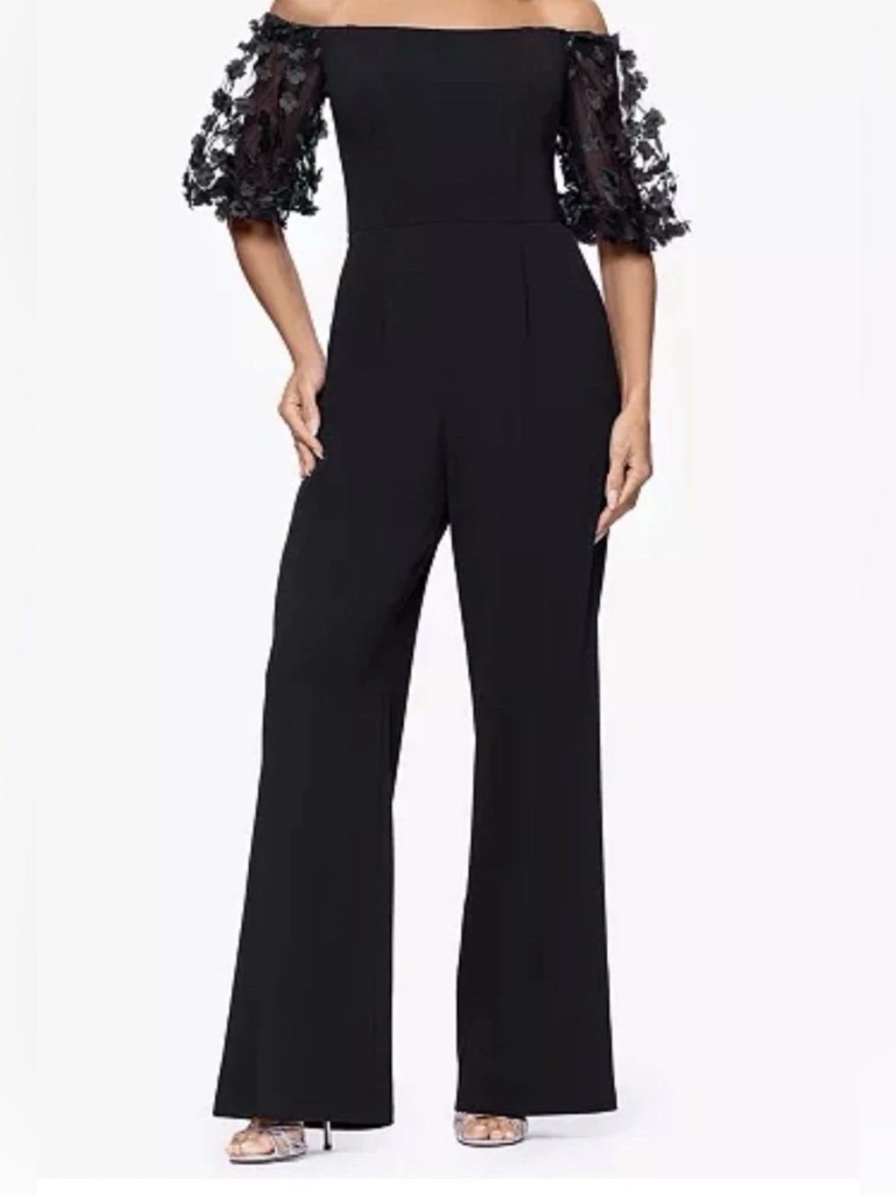 Xscape Black Off-Shoulder Jumpsuit with Embroidered Sheer Puff Sleeves